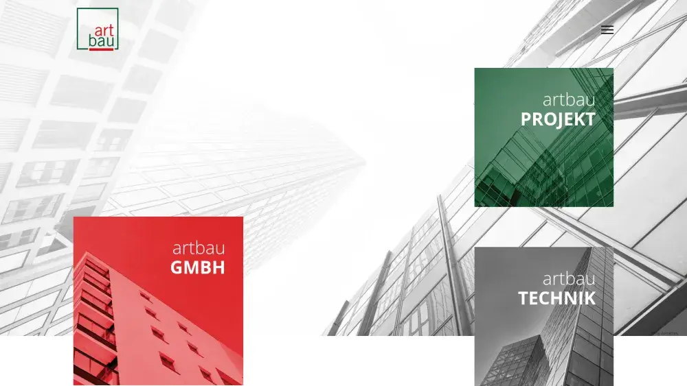 Startseite von artbau-gmbh.de: helle Fassadenaufnahme mit den Bereichs-Kacheln