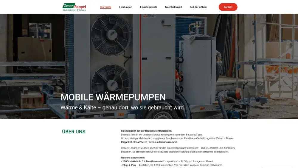 Startseite von greenrappel.de: mobile Wärmepumpen auf einer Baustelle